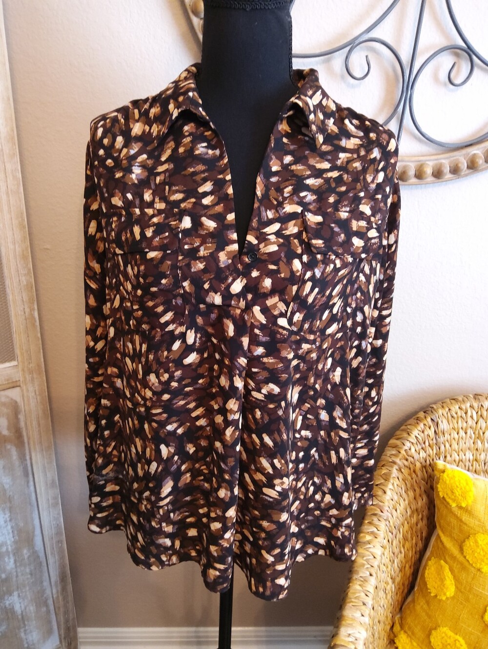 Investments Brown and Cream Abstract Print Blouse